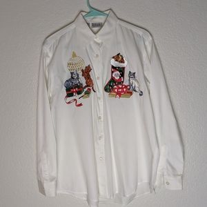 RAFAELLA white long sleeve Christmas cats shirt.